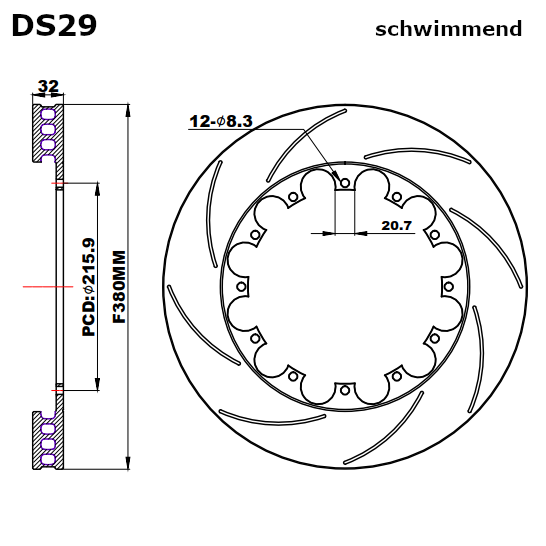 D2 Ersatzbremsscheibe 380mm geschlitzt schwimmend